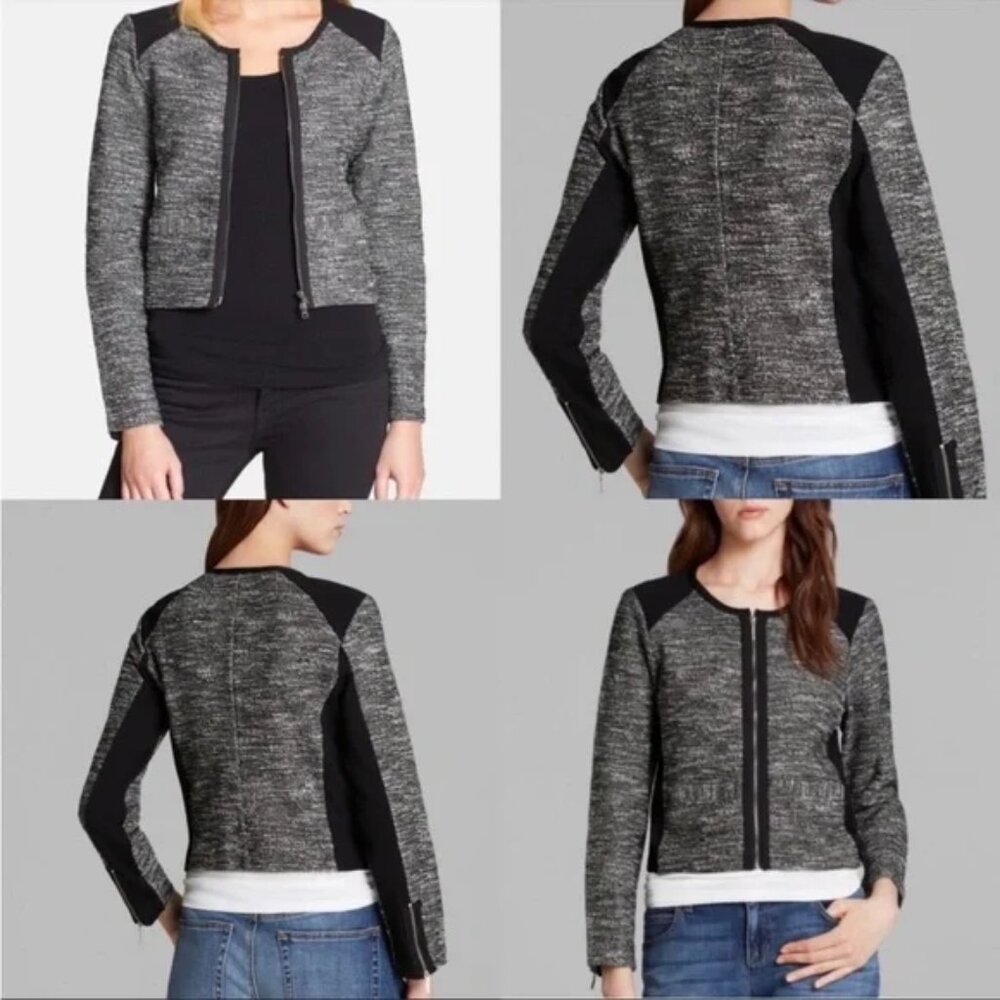 EILEEN FISHER STRETCH TWEED ZIP-FRONT JACKET KNIT PANEL ACCENTS sz L